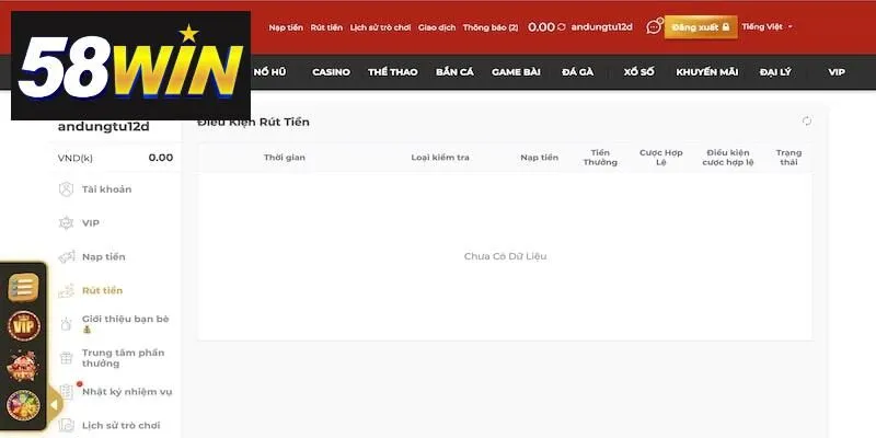 Quy trình rút tiền chuẩn tại 58win
